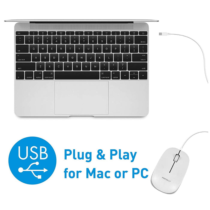 Macally USB Wired Computer Mouse 3 Button, Scroll Wheel, 5 Foot Long Corded, Compatible with Windows PC, Apple Macbook Pro-Air, iMac, Mac Mini, Laptops - White