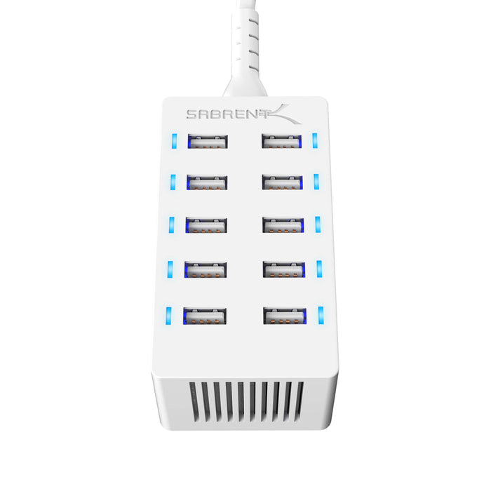 Sabrent Smart Desktop Charger With Rapid Charging Technology 10 Port USB 60 Watt 12 Amp - White
