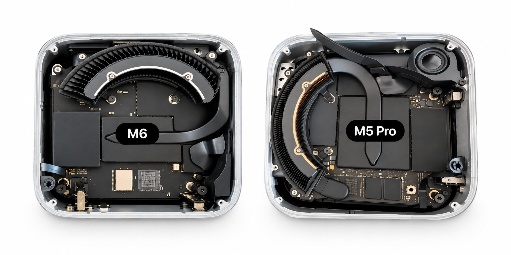 Mac mini M6 and M5 Pro internals side by side, both with the SSD soldered to the logic board