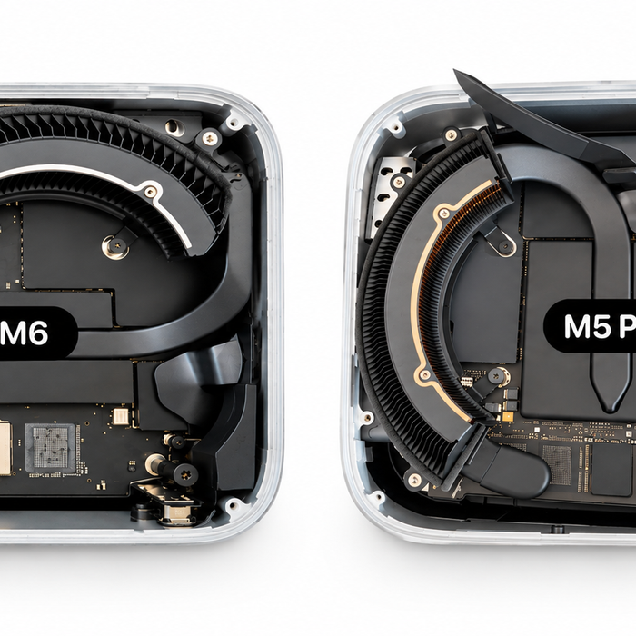 Mac mini M6 and M5 Pro internals side by side, both with the SSD soldered to the logic board