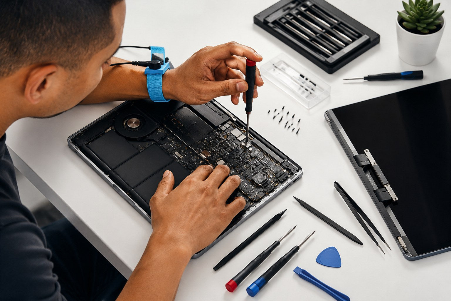 A Macfixit certified technician working on Mac hardware during an internal upgrade