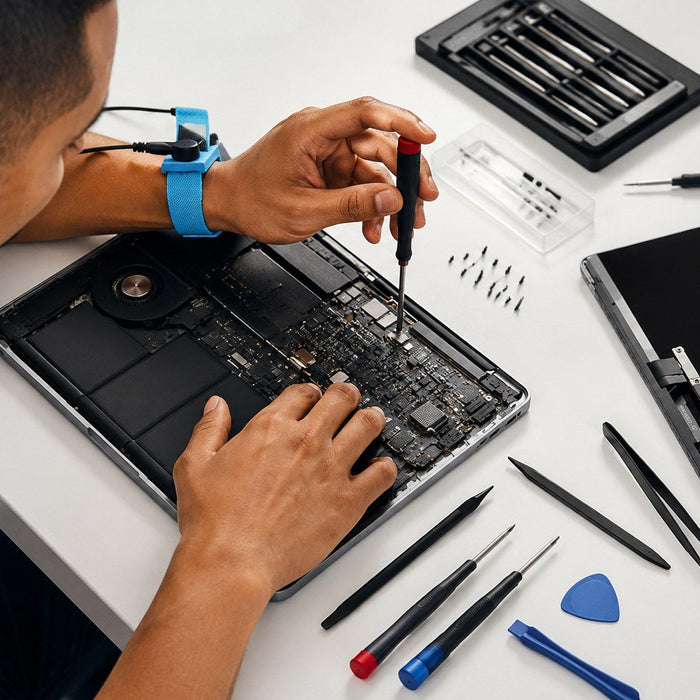 A Macfixit certified technician working on Mac hardware during an internal upgrade