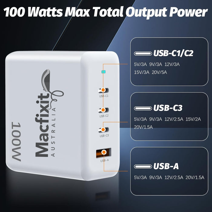 Macfixit 100W GaN Fast Charge QuadPort USB-C PD 3.0 Desktop Charger - 3 x USB-C & 1 x USB-A Macfixit Australia