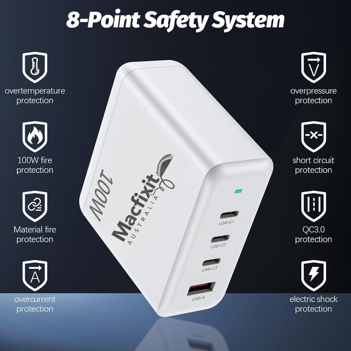 Macfixit 100W GaN Fast Charge QuadPort USB-C PD 3.0 Desktop Charger - 3 x USB-C & 1 x USB-A Macfixit Australia