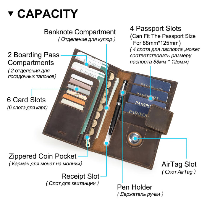 Family Passport Holder Wallet with AirTag Slot – Brown