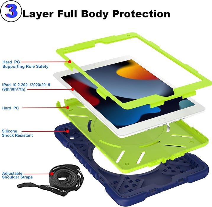 Heavy Duty Rotating iPad Case with Handle, Strap & Pen Holder (iPad 7th–9th Gen)