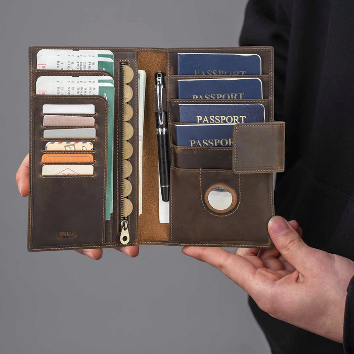 Family Passport Holder Wallet with AirTag Slot – Brown