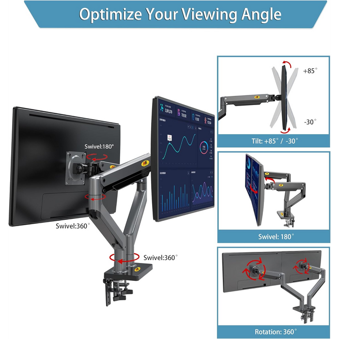 NB North Bayou Dual Monitor Gas Spring Desk Mount – For 22” to 32” Monitors  – Gunmetal Grey