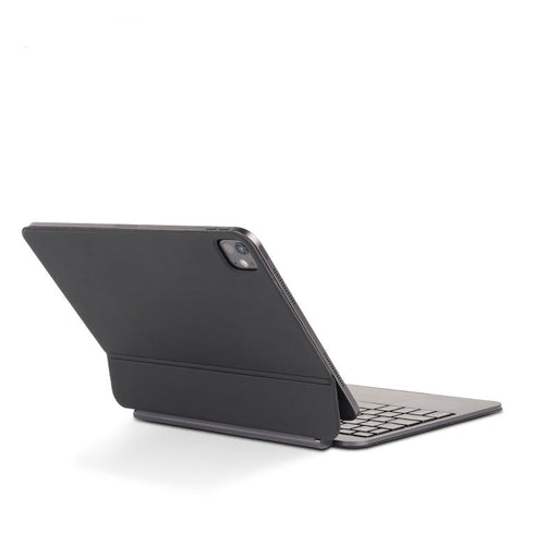 A black tablet case with an attached keyboard and kickstand, shown at an angle on a white background with the Keyscoo logo in the top-left corner.