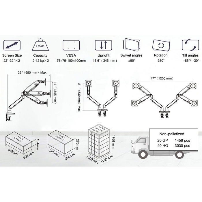 NB North Bayou G75 Dual Monitor Gas Spring Desk Mount – For 22” to 32” Monitors (3–12kg per Arm) – Gunmetal Grey