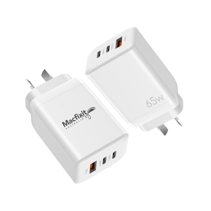 Macfixit 65W GaN Fast Charge USB-C PD 3.0 Wall Charger - 2 x USB-C & 1 x USB-A (AU Plug) Macfixit Australia