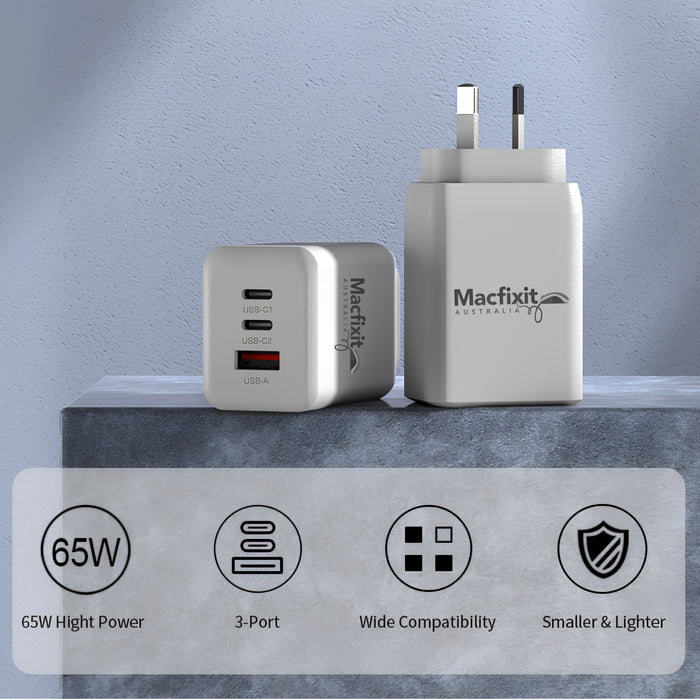 Macfixit 65W GaN Fast Charge USB-C PD 3.0 Wall Charger - 2 x USB-C & 1 x USB-A (AU Plug) Macfixit Australia