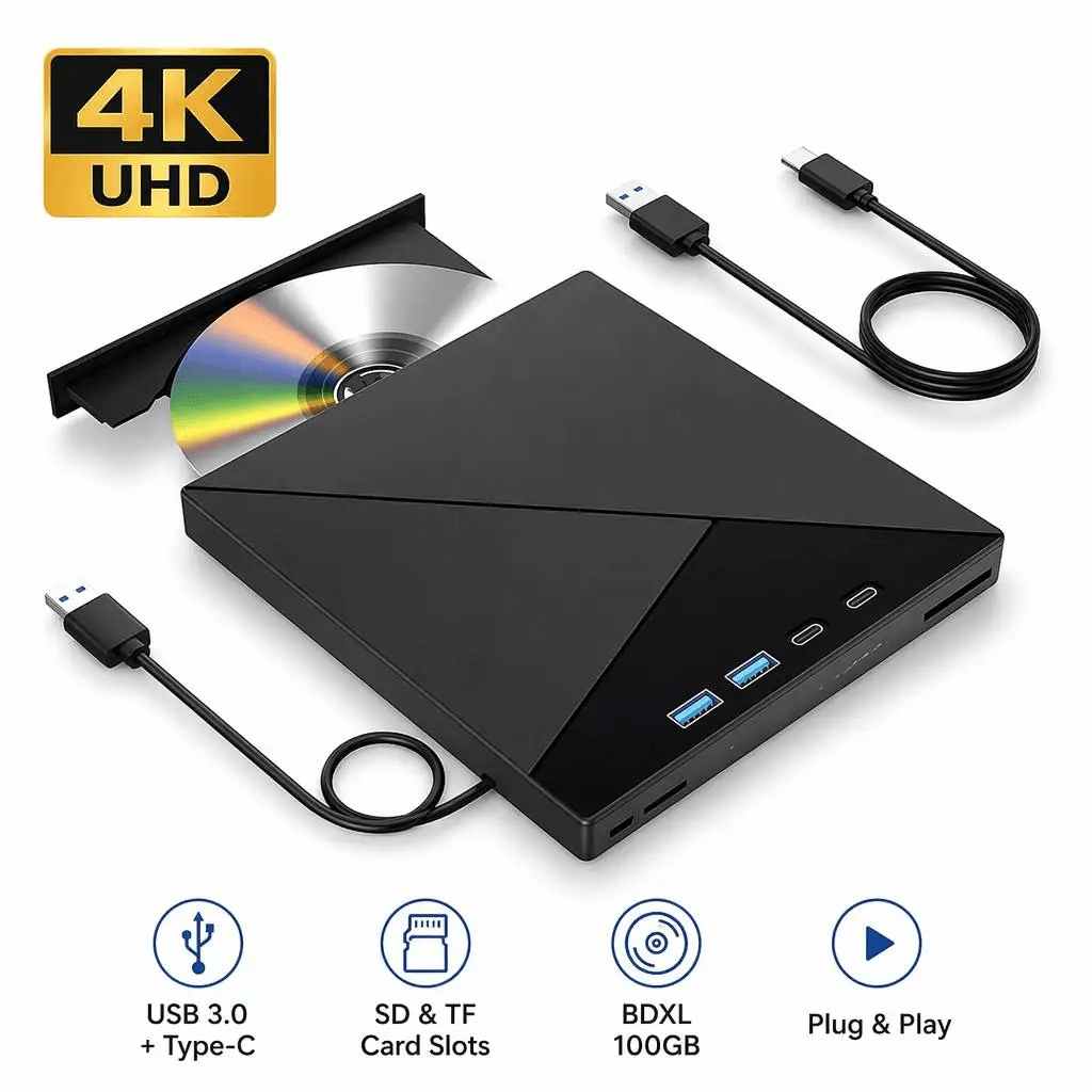 7-in-1 External 4K UHD Blu-ray Writer & Multi-Card Reader Hub (USB 3.0 & Type-C) - Macfixit Australia