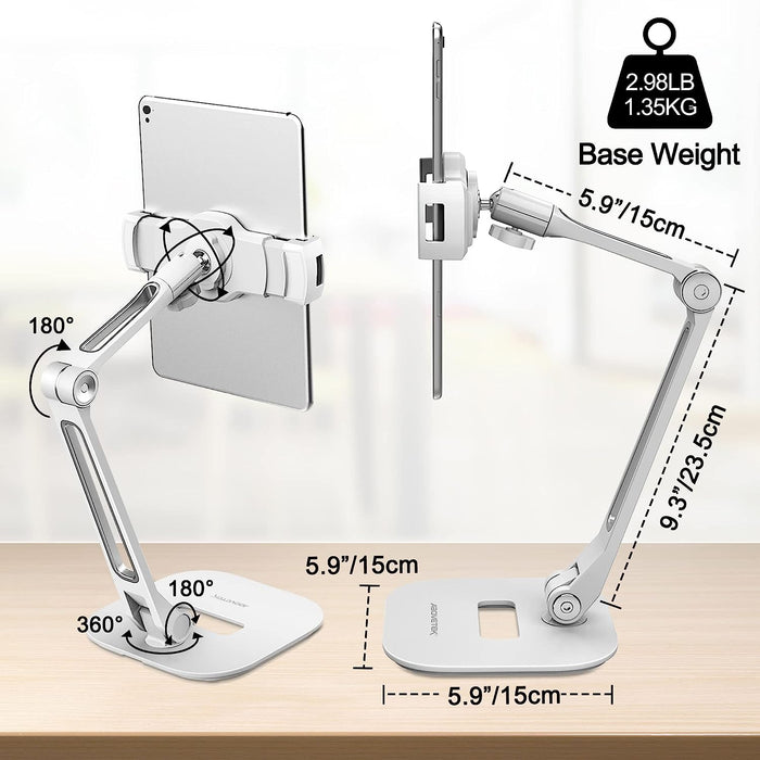 AboveTEK Long Arm Aluminum Tablet Stand, Folding iPad Stand with 360° Swivel iPhone Clamp Mount Holder, Fits 4-11" Display Tablet/Phones for Kitchen Table Bedside Office Desk POS Kiosk Reception