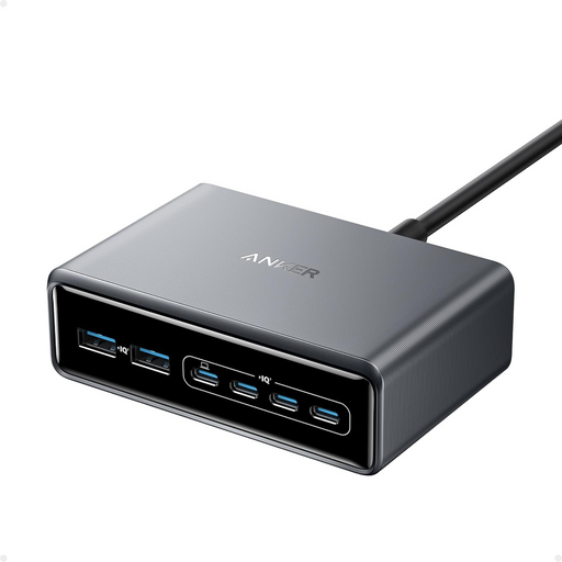 Anker USB hub with multiple ports and power cable on a white background