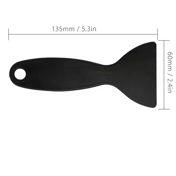 Black plastic screen scraper tool shown with dimension labels (135mm by 60mm) on a white background, plus three smaller inset photos demonstrating use on a phone screen and a phone.