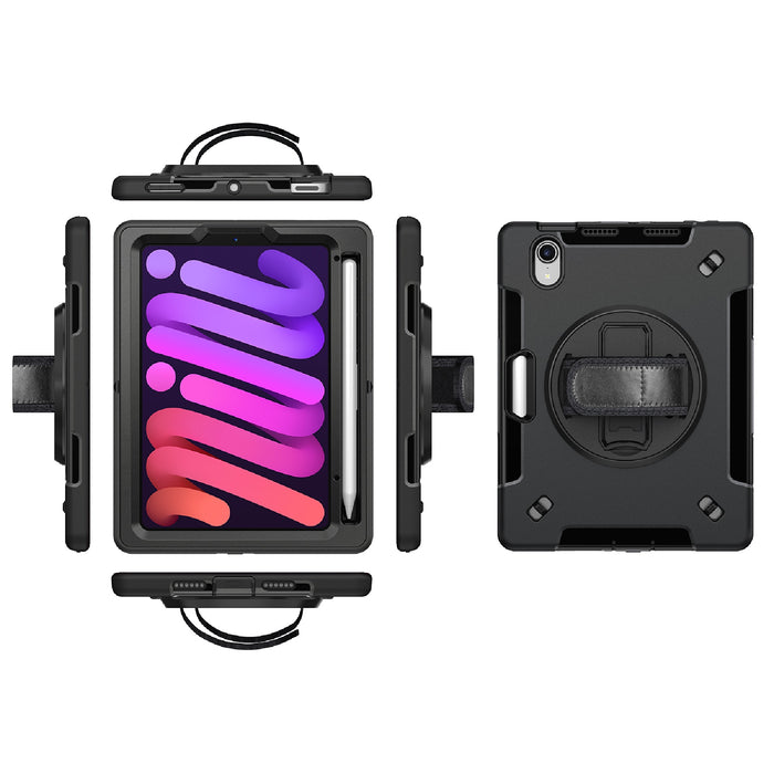 USP Rugged Apple iPad Mini (8.3") (6th Gen) Case with Sling Black - Built-in-Kickstand, Adjustable Hand Strap, Shoulder Strap, Pen Holder, DropProof