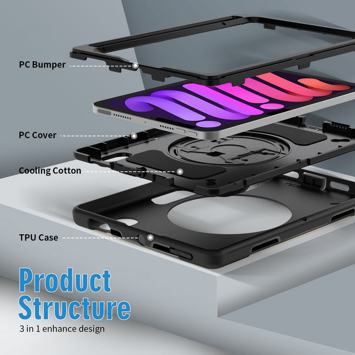 USP Rugged Apple iPad Mini (8.3") (6th Gen) Case with Sling Black - Built-in-Kickstand, Adjustable Hand Strap, Shoulder Strap, Pen Holder, DropProof