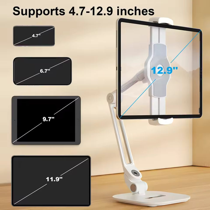 Aluminum Tablet & Phone Stand with Base – Folding 360° Swivel Holder for 5–12.9" Devices - White