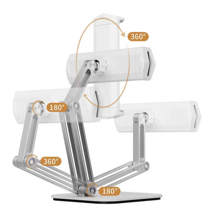 Aluminum Tablet & Phone Stand with Base – Folding 360° Swivel Holder for 5–12.9" Devices - White