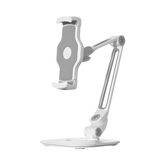 Aluminum Tablet & Phone Stand with Base – Folding 360° Swivel Holder for 5–12.9" Devices - White