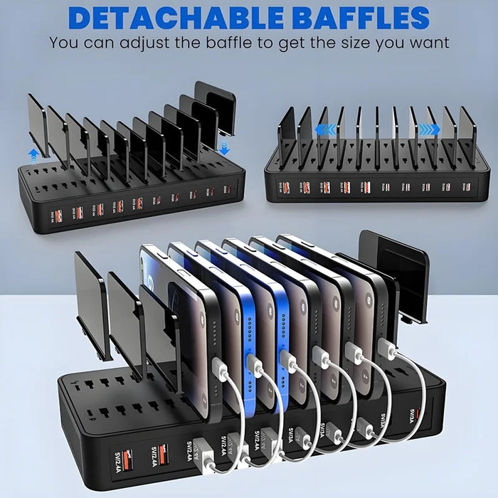 10-Port Multi-Device Charging Station (5 USB-C + 5 USB-A) Ports