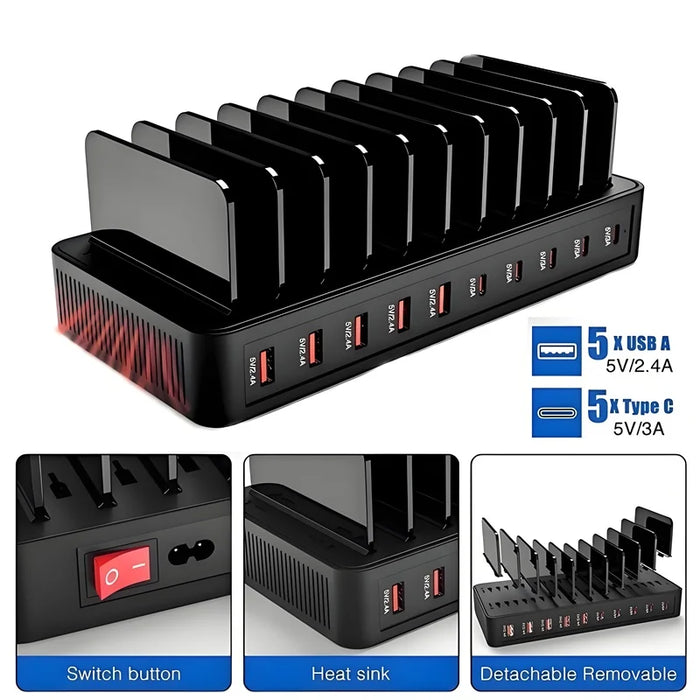 10-Port Multi-Device Charging Station (5 USB-C + 5 USB-A) Ports