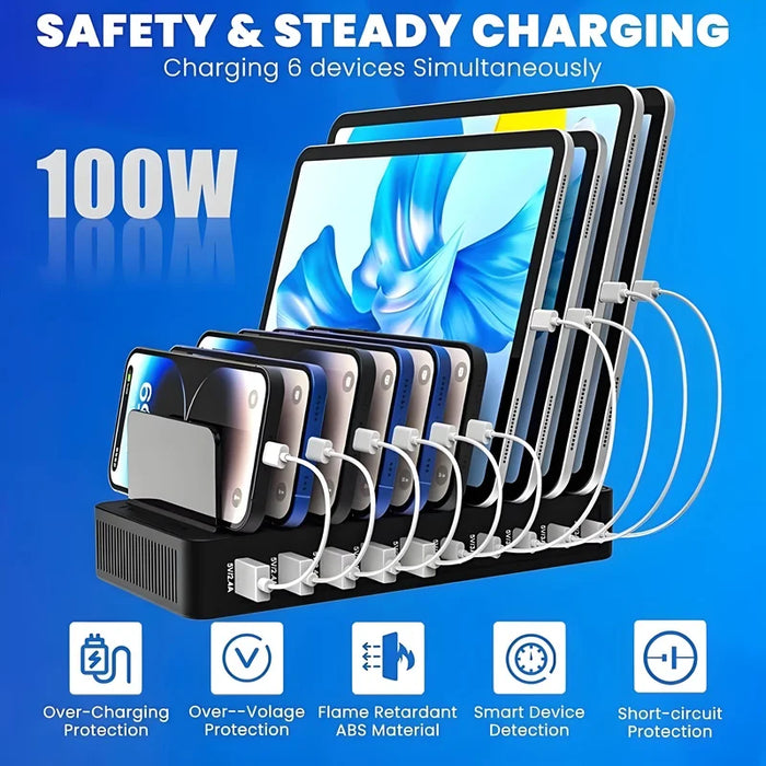 10-Port Multi-Device Charging Station (5 USB-C + 5 USB-A) Ports