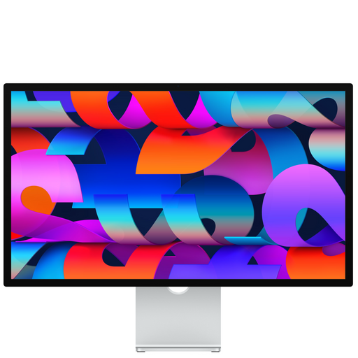 An Apple Studio Display 27-inch 5K Retina monitor with a tilt stand and standard glass, showcasing a colorful graphical user interface on the screen.