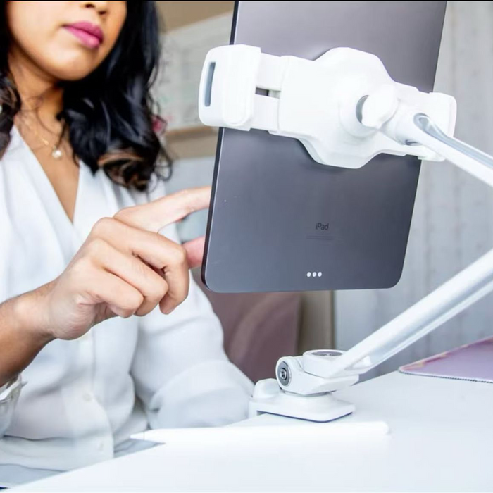 Universal Tablet Mount – Aluminum Long Arm 360° iPad Holder (White)