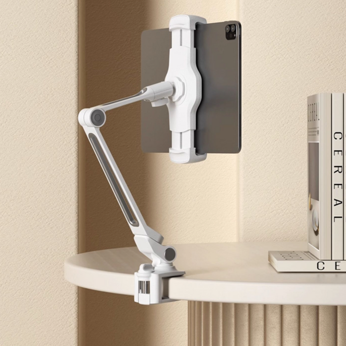 Universal Tablet Mount – Aluminum Long Arm 360° iPad Holder (White)