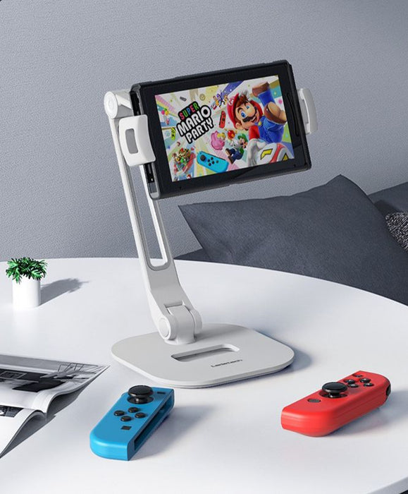 Aluminum Tablet & Phone Stand with Base – Folding 360° Swivel Holder for 5–12.9" Devices - White