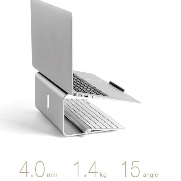 Laptop on a stand with specifications displayed