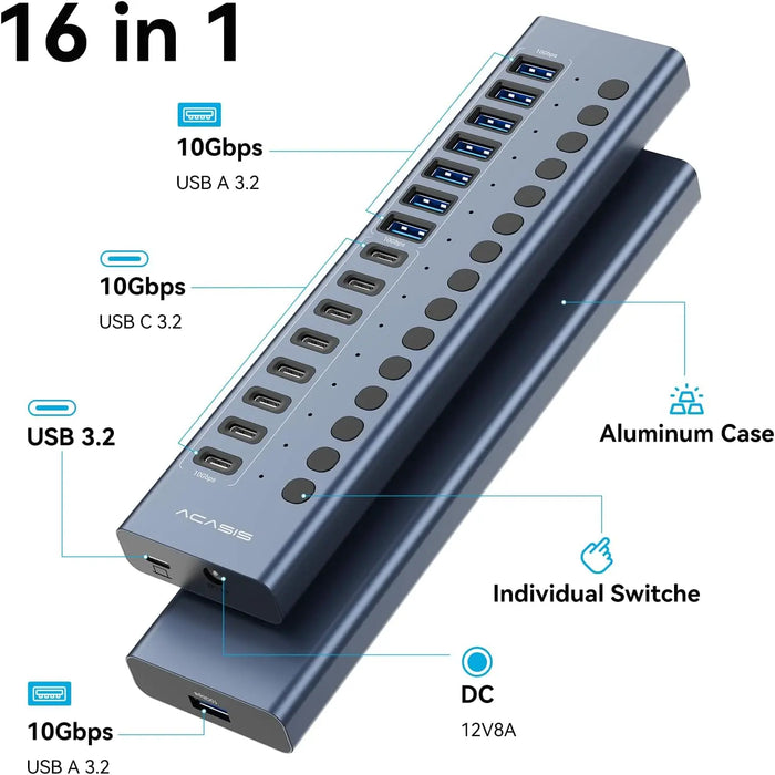 Acasis 16 - Port 10Gbps USB 3.2 Powered Hub - Macfixit Australia