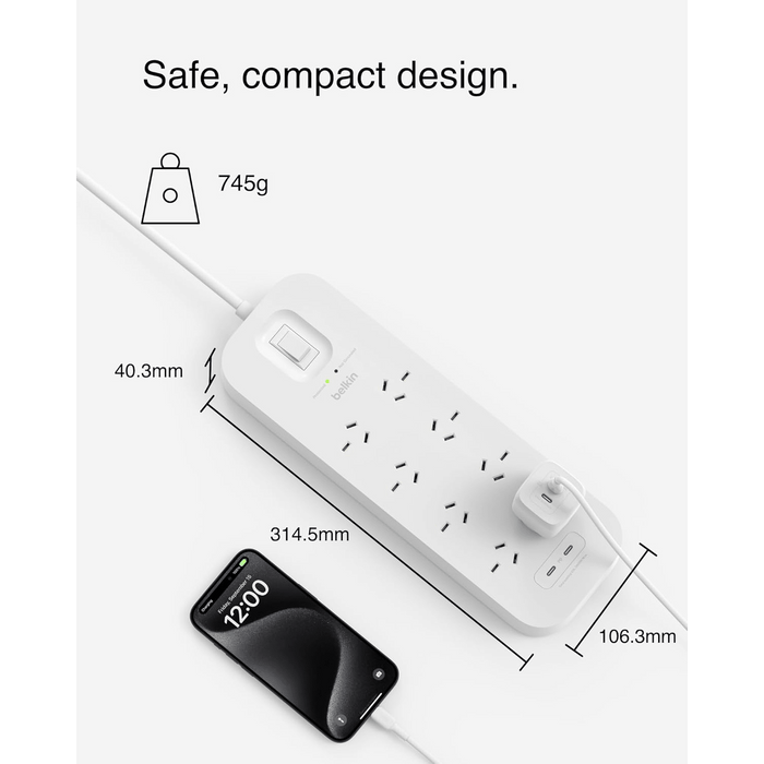 Belkin Connect 8 - Outlet Surge Protector with Dual USB - C 30W, 2M Power Cord - Macfixit Australia