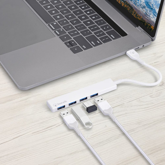Bonelk Long - Life USB - A to 4 Port USB 3.0 Slim Hub (White) - Macfixit Australia