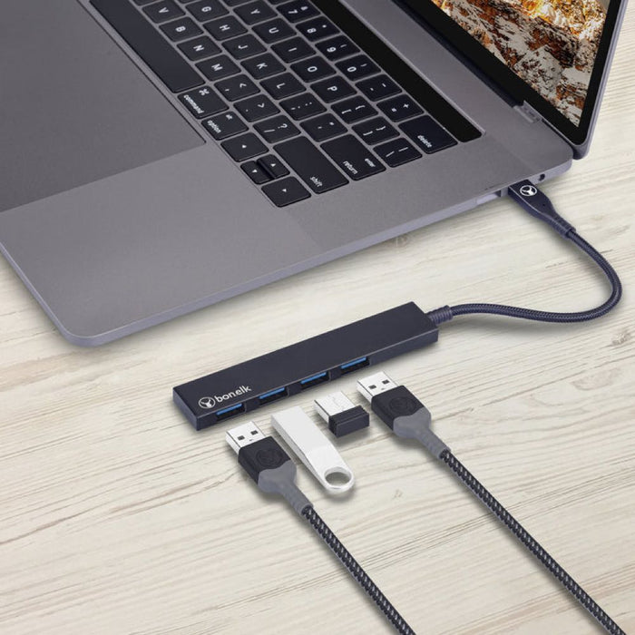 Bonelk Long - Life USB - C to 4 Port USB 3.0 Slim Hub (Black) - Macfixit Australia