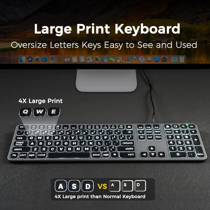 Large Print USB & USB - C Wired Keyboard - Black - Macfixit Australia
