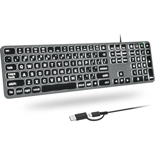 Large Print USB & USB - C Wired Keyboard - Black - Macfixit Australia