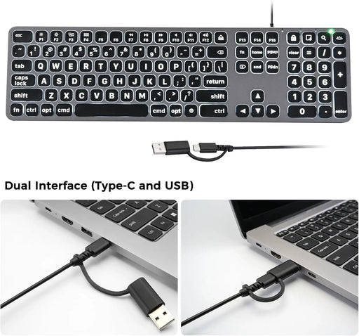 Large Print USB & USB - C Wired Keyboard - Black - Macfixit Australia