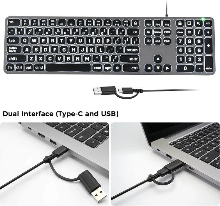 Large Print USB & USB - C Wired Keyboard - Black - Macfixit Australia