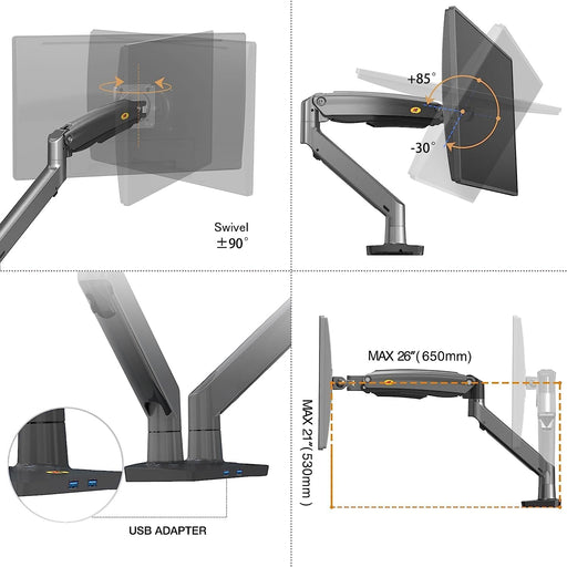 NB North Bayou G75 Dual Monitor Gas Spring Desk Mount – For 22” to 32” Monitors (3–12kg per Arm) – Gunmetal Grey - Macfixit Australia