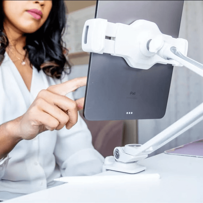 Universal Tablet Mount – Aluminum Long Arm 360° iPad Holder (White) - Macfixit Australia