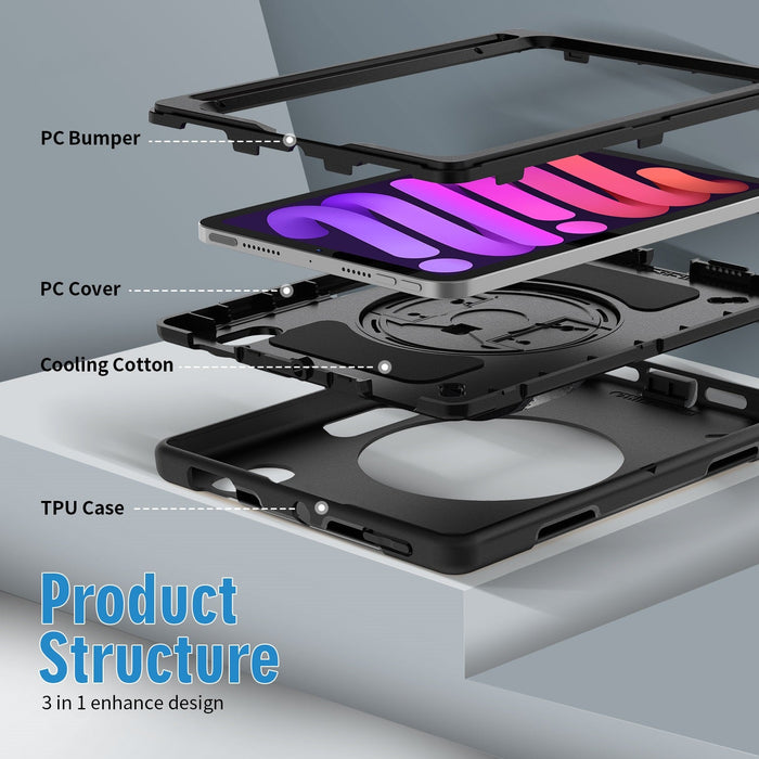 USP Rugged Apple iPad Mini (8.3") (6th Gen) Case with Sling Black - Built - in - Kickstand, Adjustable Hand Strap, Shoulder Strap, Pen Holder, DropProof - Macfixit Australia