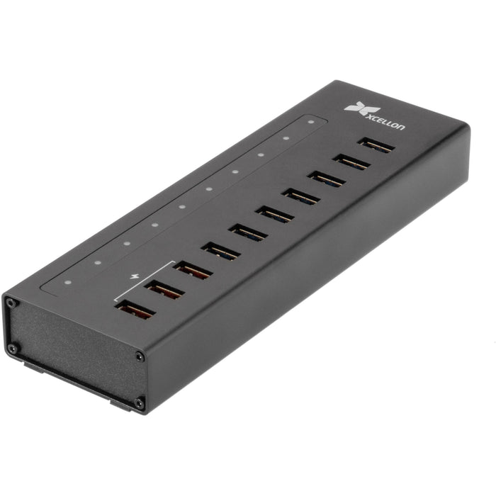 Xcellon 10-Port Powered USB 3.0 Slim Aluminum Hub with 3 Dual Data-Charging Ports - Black