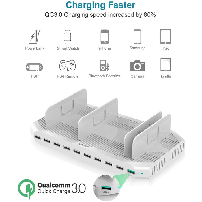 Unitek USB Charging Station for Multiple Devices, 10- Port with QC 3.0, 60W - White