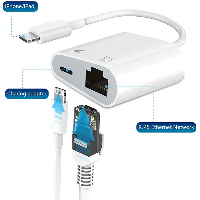 Lightning to Adapter, RJ45 Ethernet LAN Network Adapter Charge Port Compatible with iPhone-iPad-iPod - White