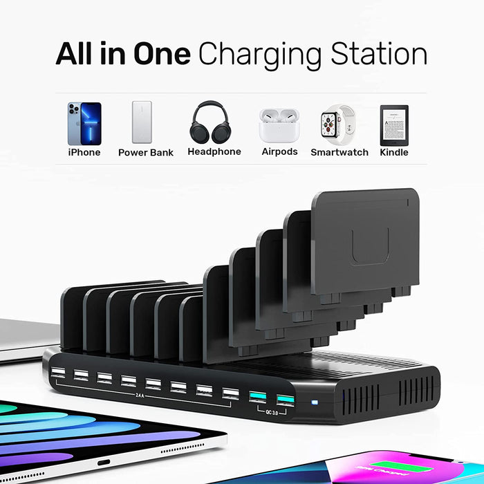 Unitek 10 Port USB 96W Charging Station for Multiple Devices, Charger Organizer Stand Dock with Dividers, Quick Charge 3.0 Compatible for Smartphone, Tablet, iPad and Other Electronics