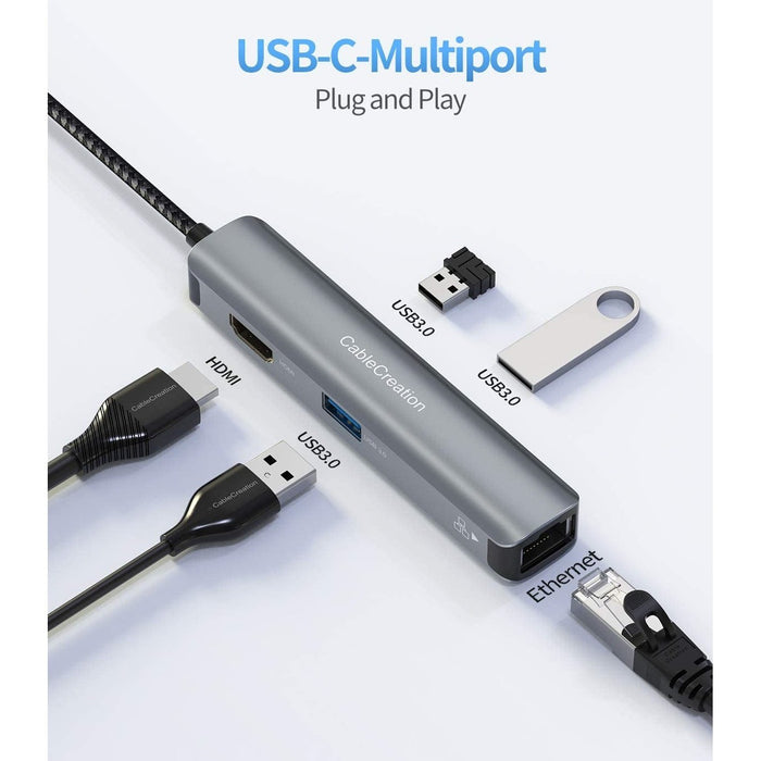 CableCreation 5-in-1 Adapter Aluminum Shell with 4K HDMI, 1Gbps Ethernet, 3 USB 3.0 Ports for MacBook Pro-Air 2020-2019, iPad Pro 2020, Surface Go, XPS More Type C Devices
