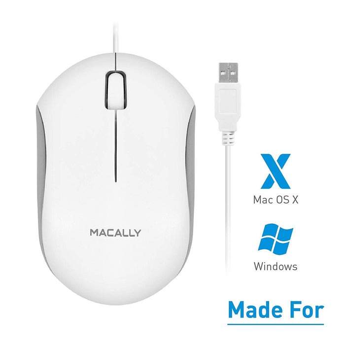 Macally USB Wired Computer Mouse 3 Button, Scroll Wheel, 5 Foot Long Cord, Windows PC Compatible, Apple MacBook Pro-Air, iMac, Mac Mini, Laptops - White